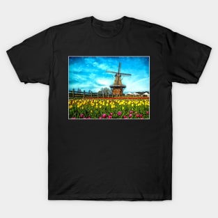 Windmill with Tulips Landscape Dutch Netherlands Scenic Print T-Shirt